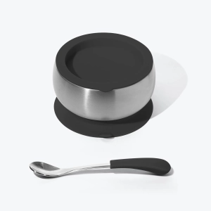 Avanchy Stainless Steel Baby Bowl With Spoon Combo   Air Tight Lid - Black