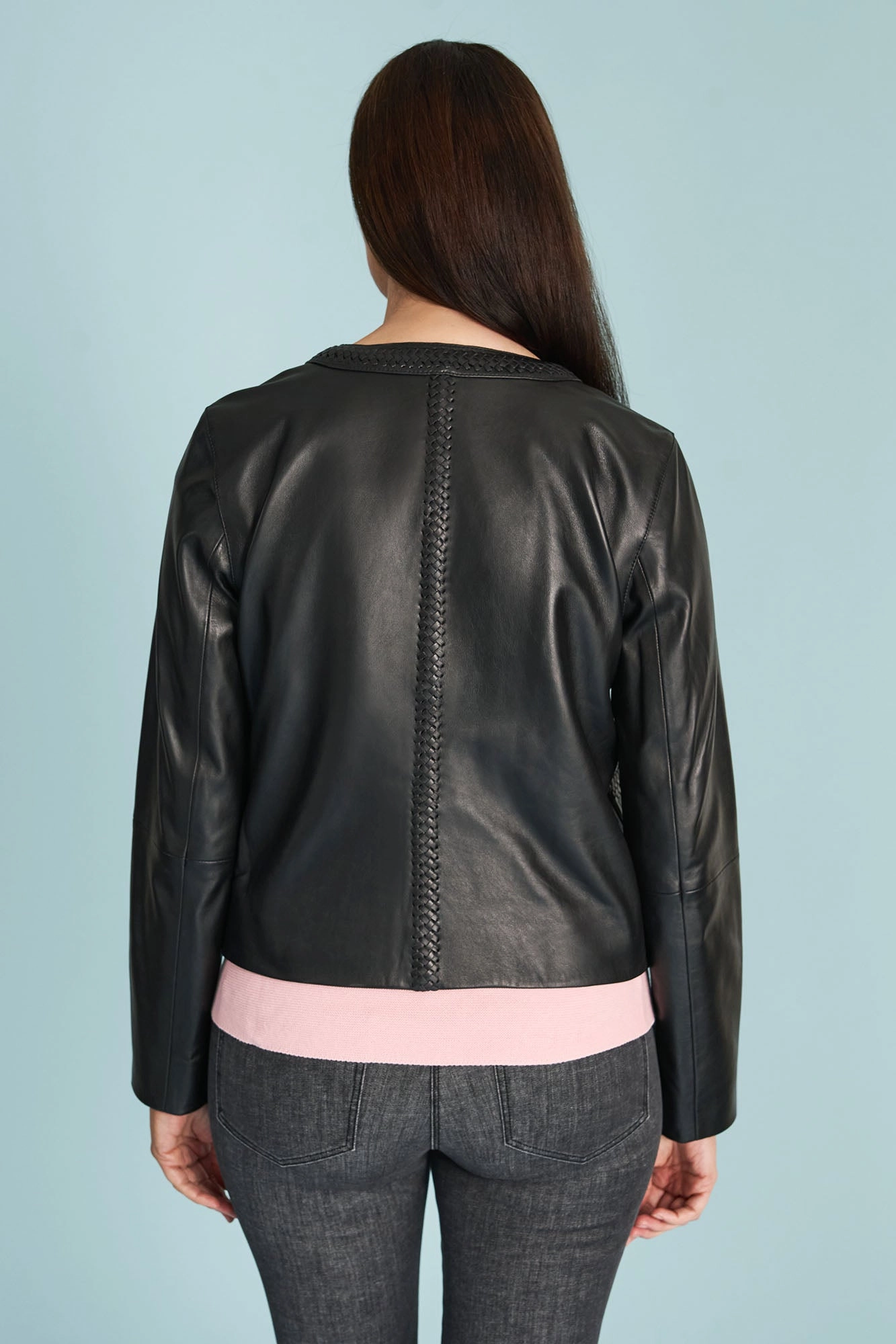 Braid Detail Leather Jacket - Black