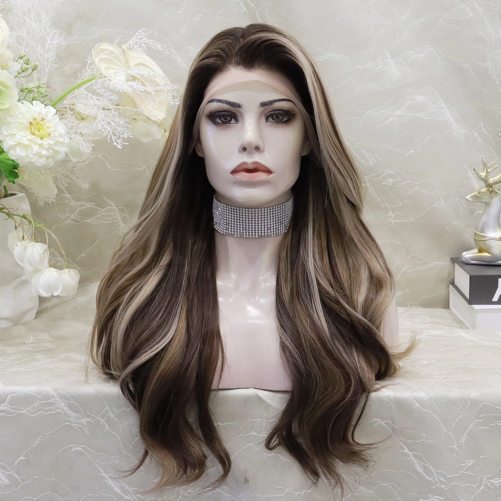 Brenda Collection-Aneisa sunkiss Brown and Blonde highlight 13*4 Free parting Lace Front synthetic Daily style