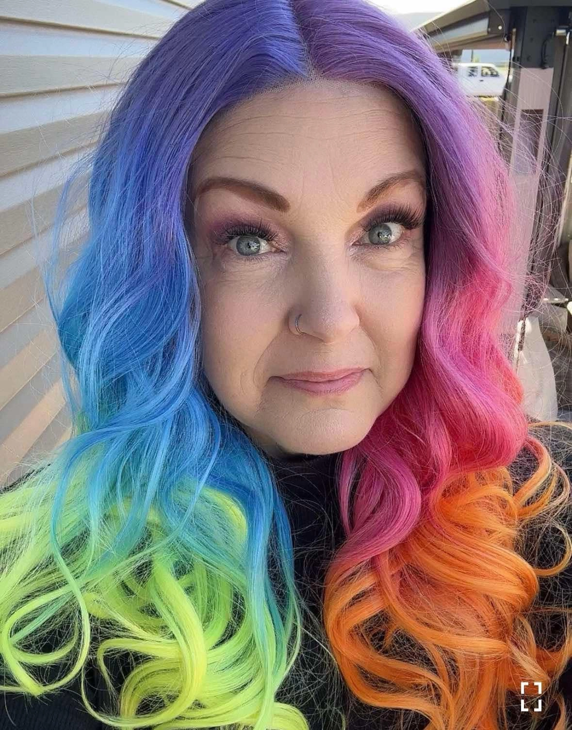 Brenda Collection-Dazzling Rainbow colorful wigs with 22inches wavy style T-part lace front synthetic wigs heat friendly