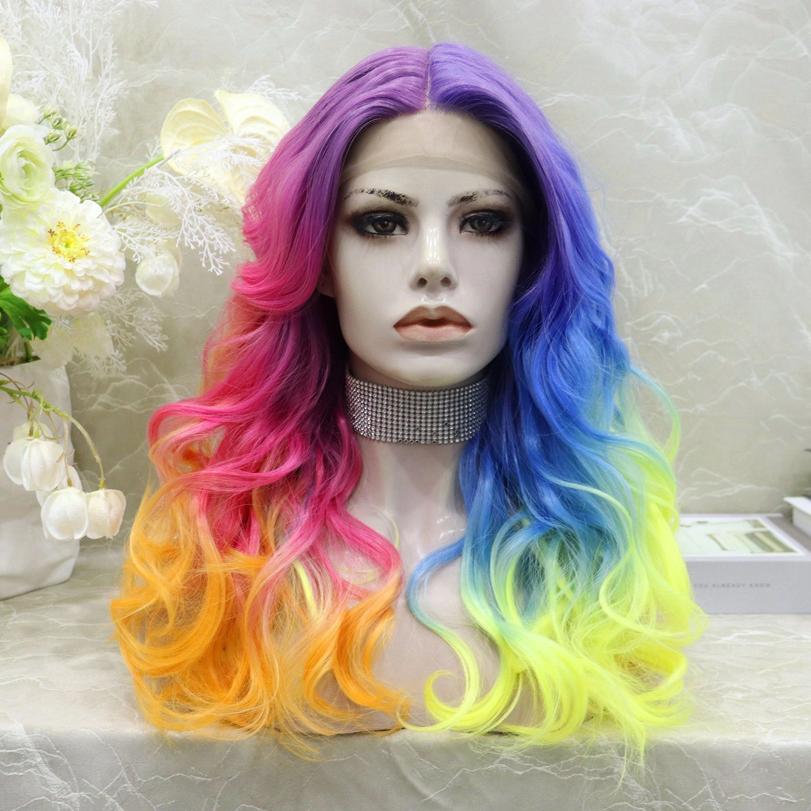 Brenda Collection-Dazzling Rainbow colorful wigs with 22inches wavy style T-part lace front synthetic wigs heat friendly