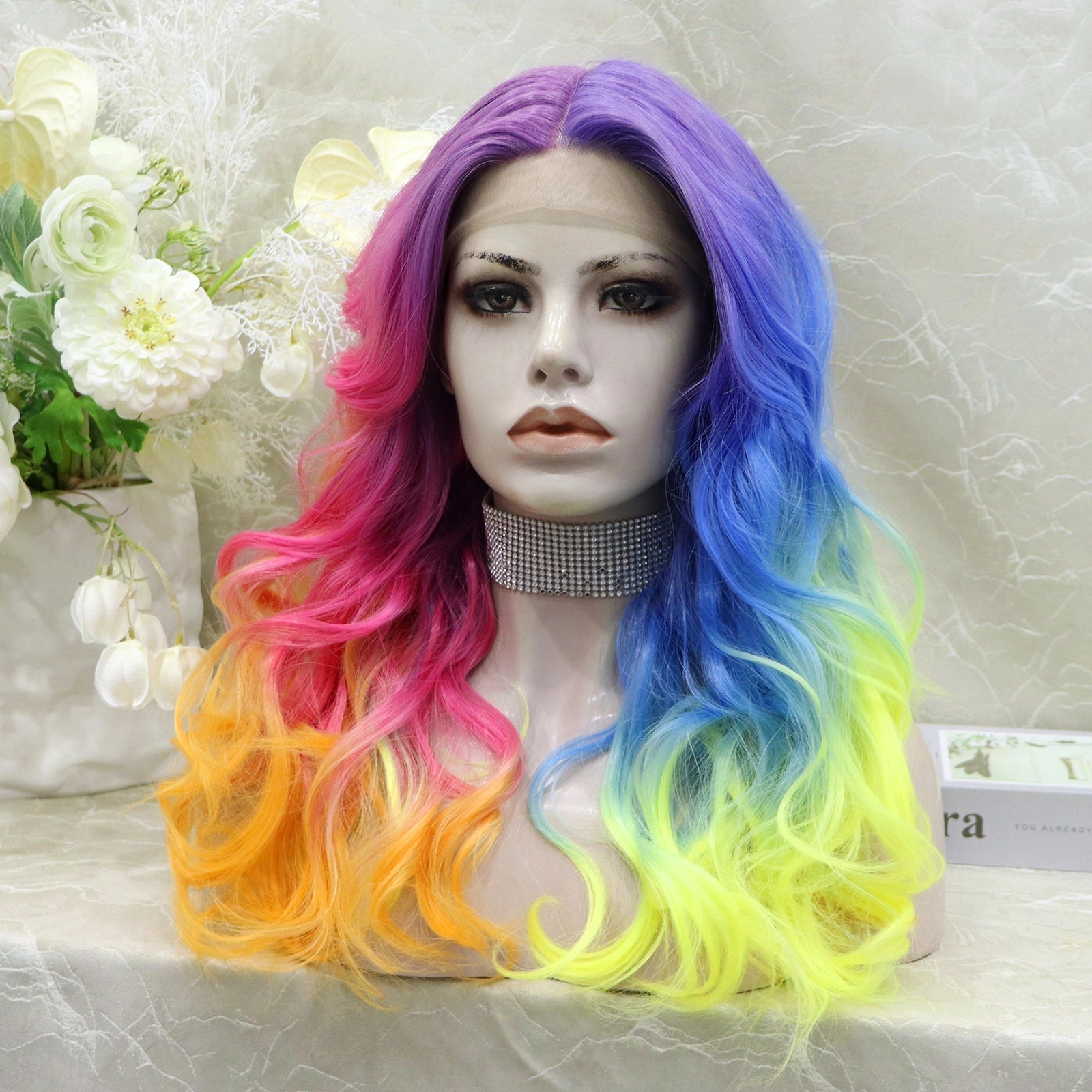 Brenda Collection-Dazzling Rainbow colorful wigs with 22inches wavy style T-part lace front synthetic wigs heat friendly
