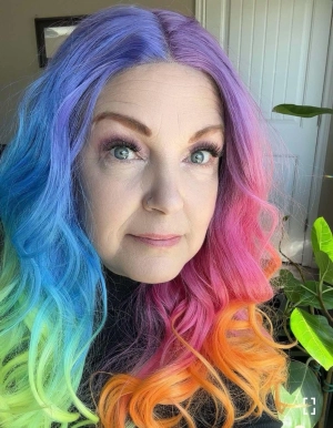 Brenda Collection-Dazzling Rainbow colorful wigs with 22inches wavy style T-part lace front synthetic wigs heat friendly