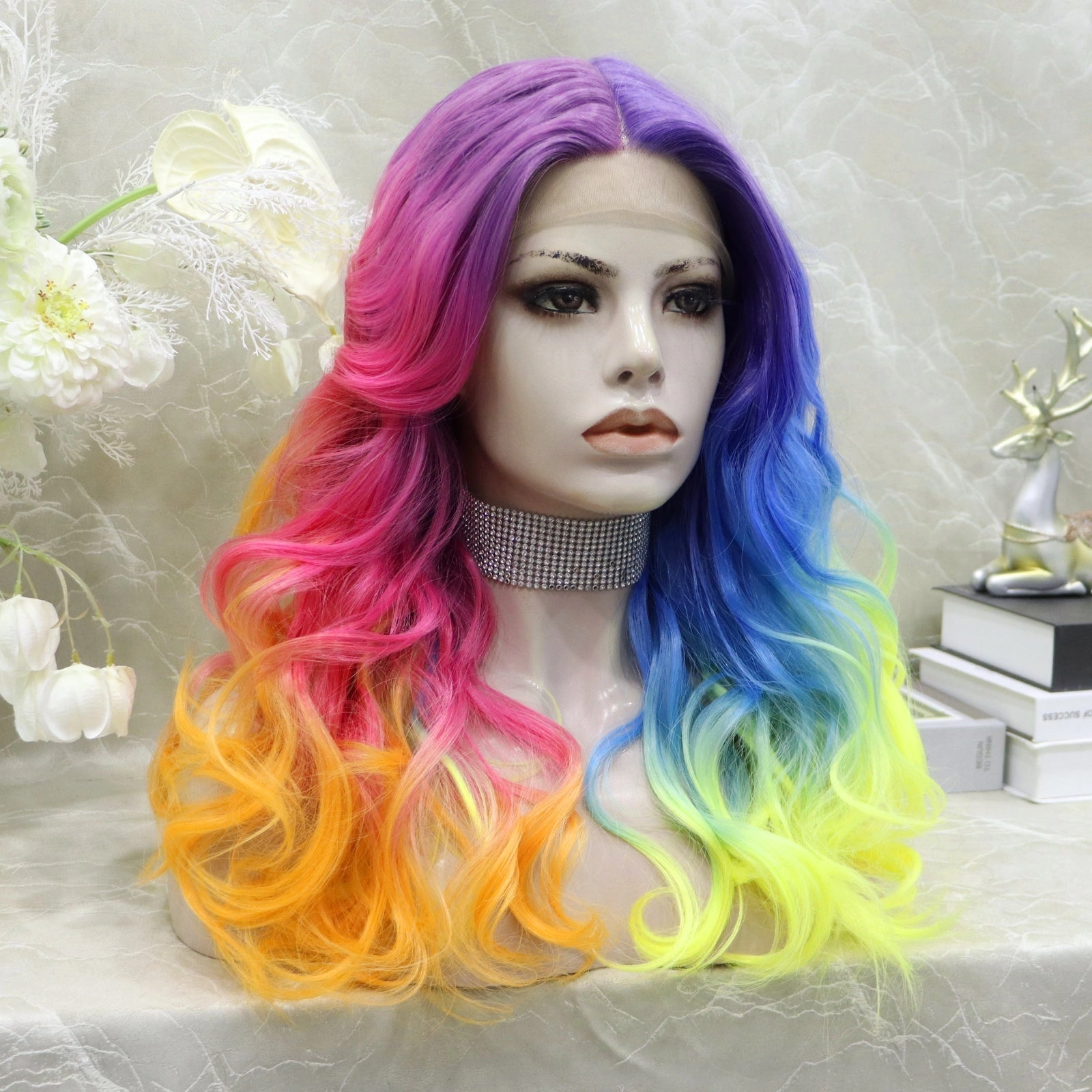 Brenda Collection-Dazzling Rainbow colorful wigs with 22inches wavy style T-part lace front synthetic wigs heat friendly