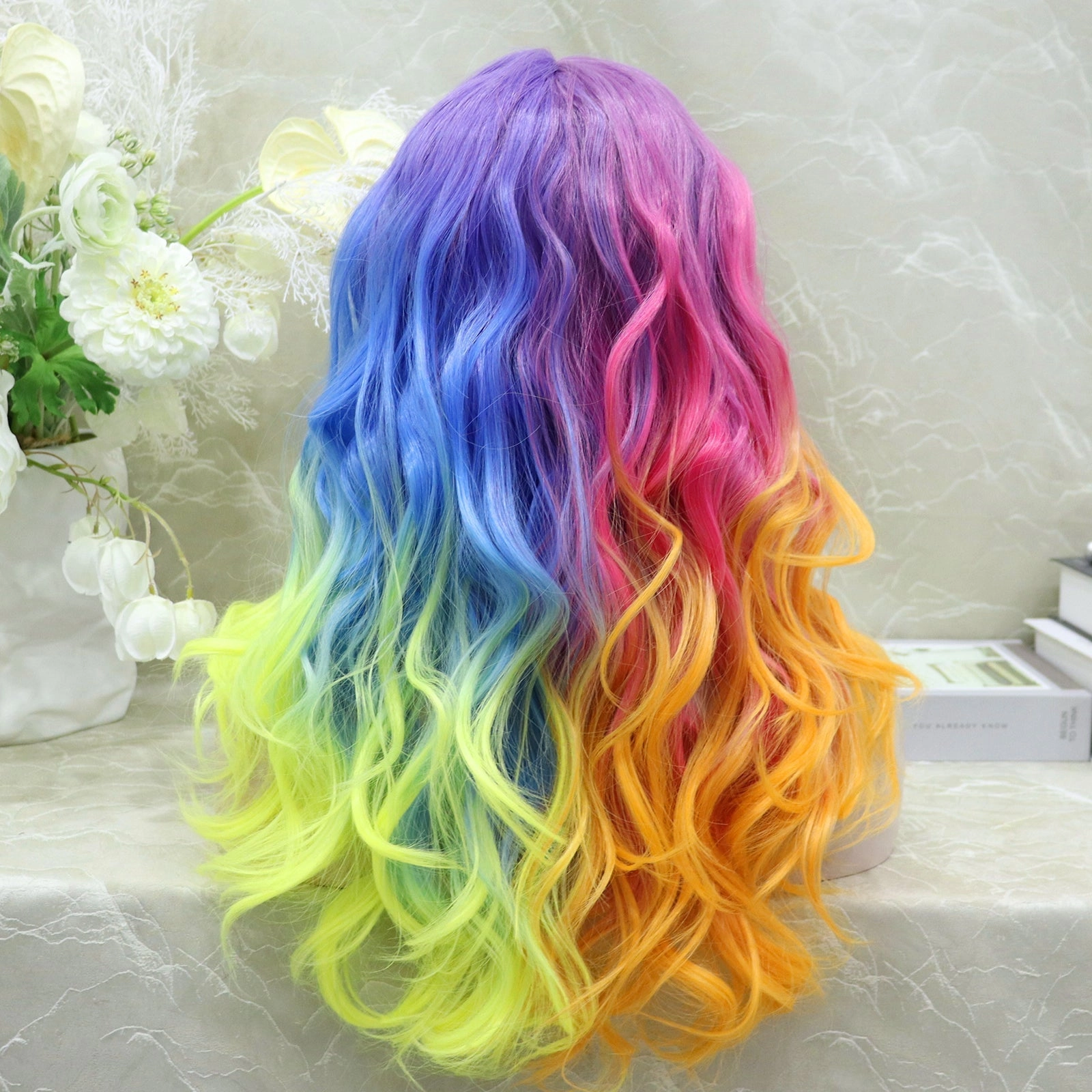 Brenda Collection-Dazzling Rainbow colorful wigs with 22inches wavy style T-part lace front synthetic wigs heat friendly