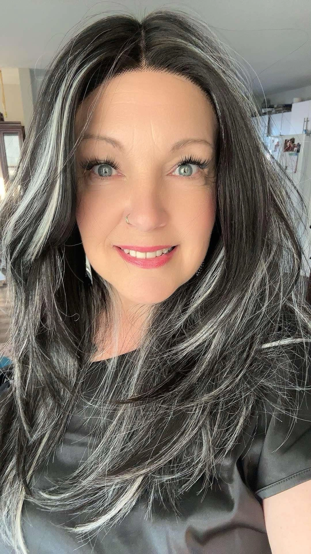 Brenda Collection-Yvonne black with Highlight layers cut salt and pepper style lace Front wig