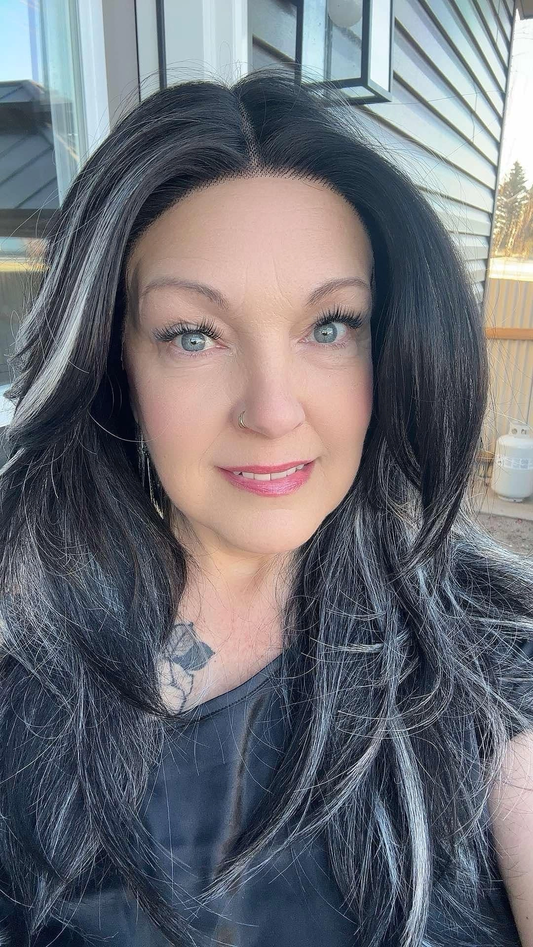 Brenda Collection-Yvonne black with Highlight layers cut salt and pepper style lace Front wig