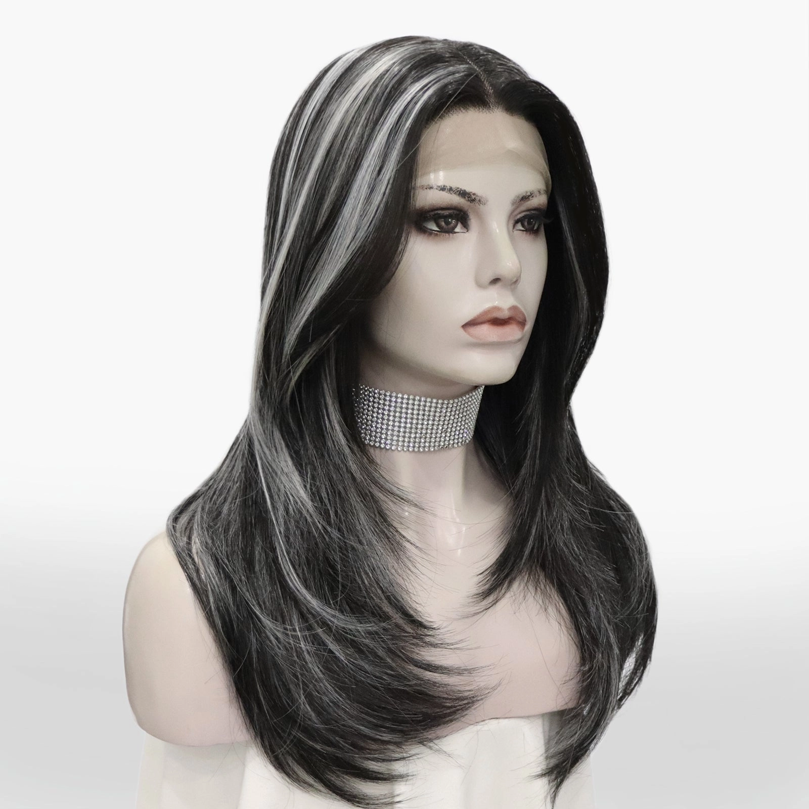 Brenda Collection-Yvonne black with Highlight layers cut salt and pepper style lace Front wig