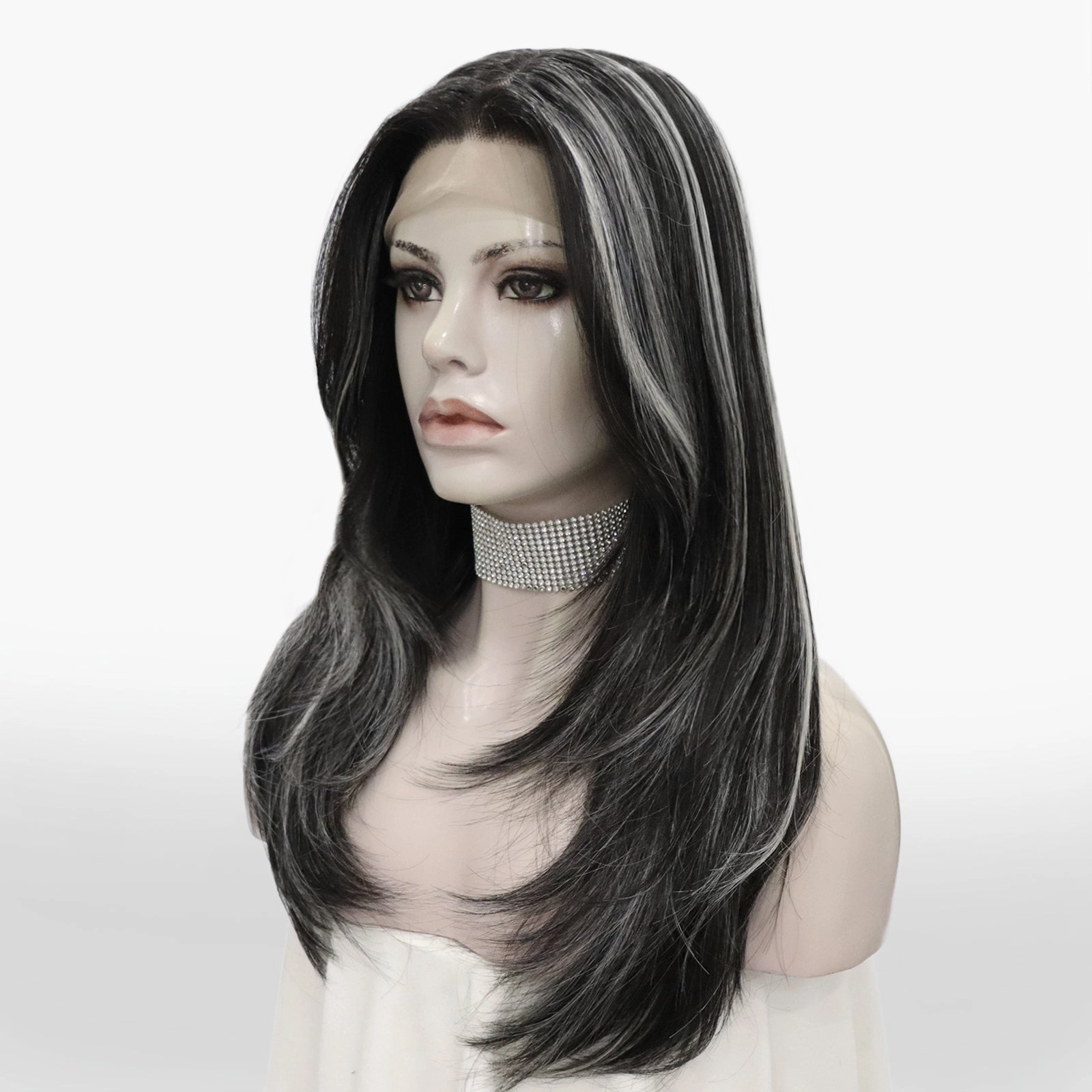 Brenda Collection-Yvonne black with Highlight layers cut salt and pepper style lace Front wig