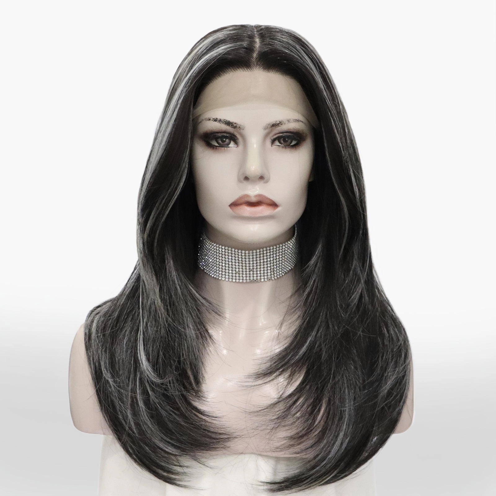 Brenda Collection-Yvonne black with Highlight layers cut salt and pepper style lace Front wig