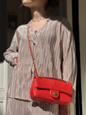 Chanel Red Chevron Leather Single Flap