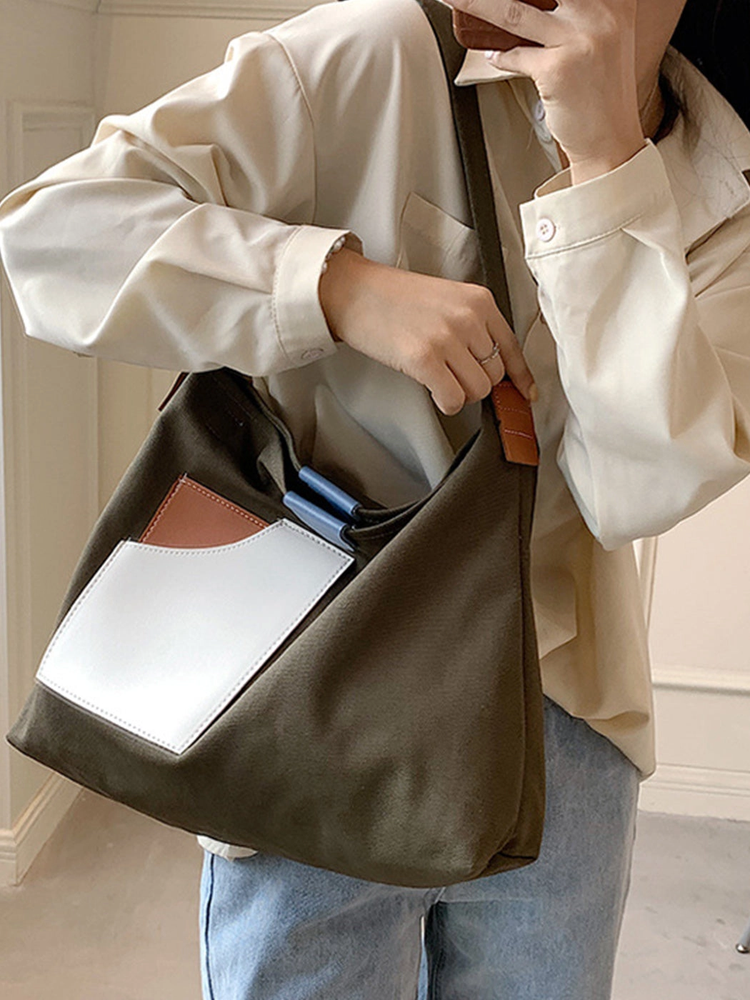 Chic Colorblock Canvas Tote Bag
