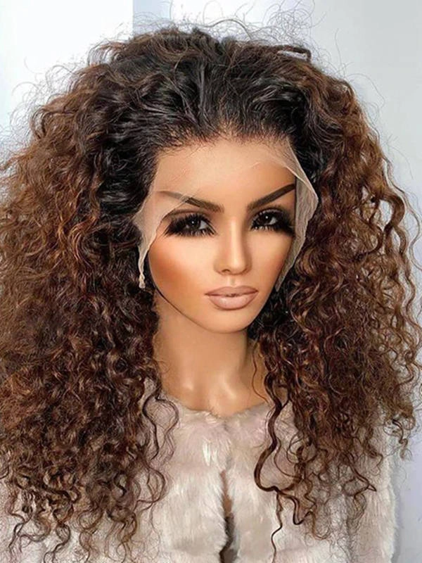 Chinalacewig Ombre Chocolate Brown Curly Compact 13X6 HD Lace Front Wig CF423