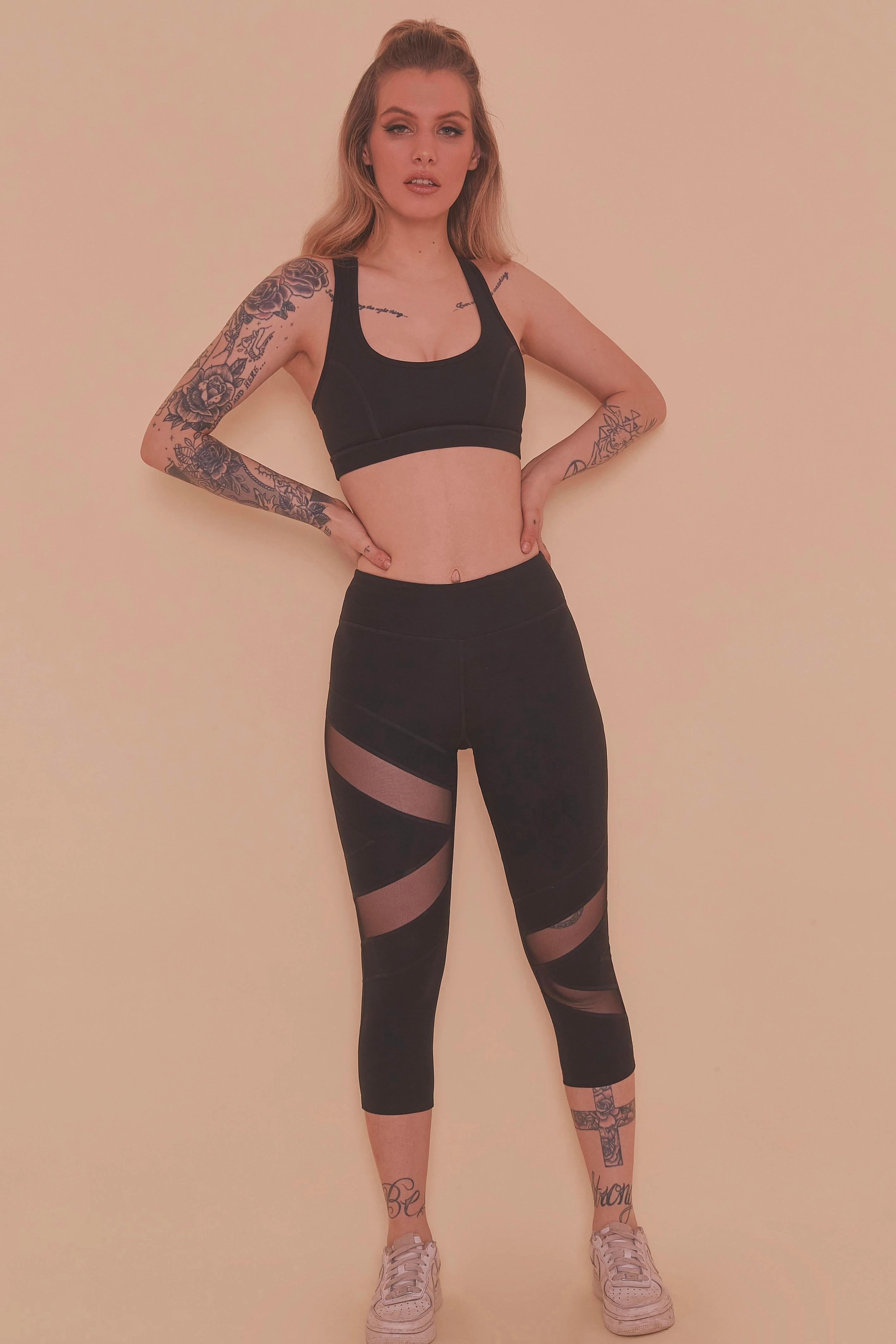 Mesh Panel Crop Leggings Black