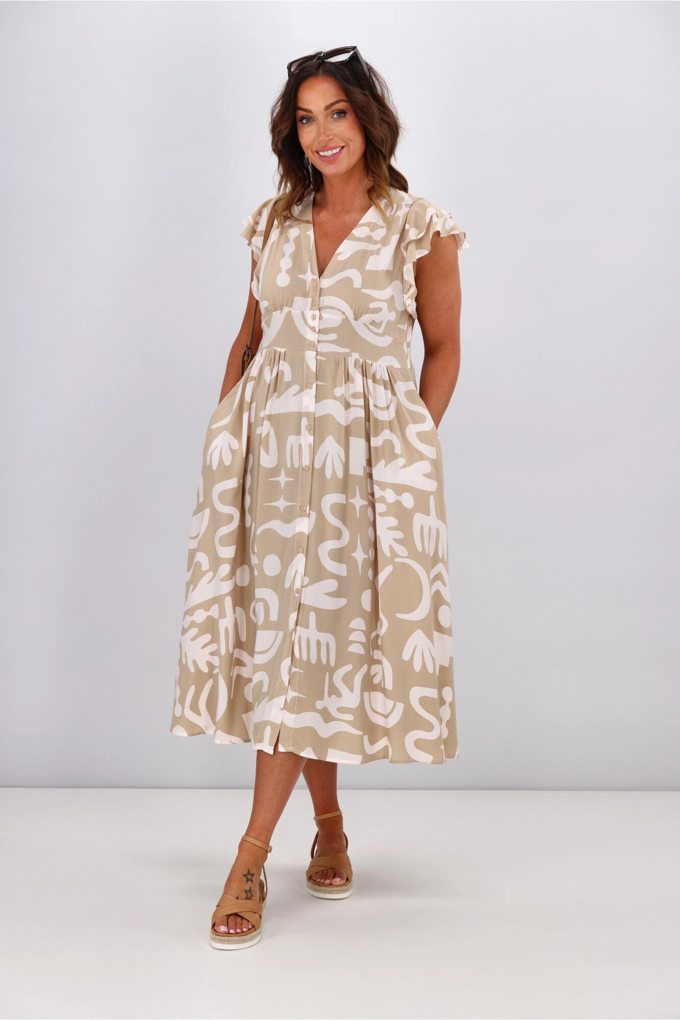 New U Collection Carmen V Neck Dress Beige Print