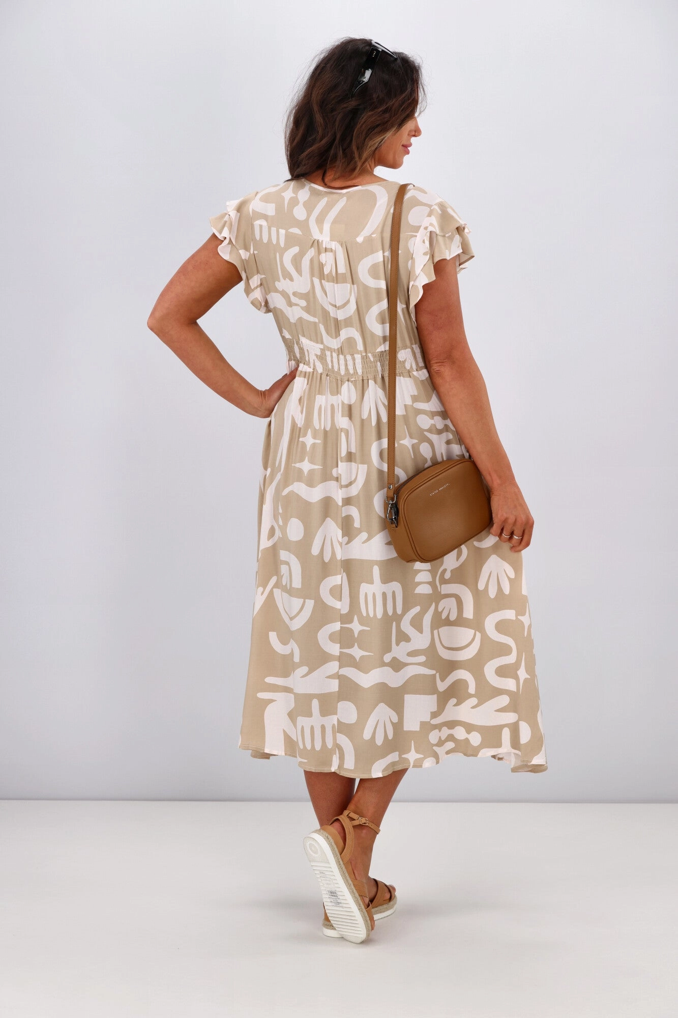 New U Collection Carmen V Neck Dress Beige Print