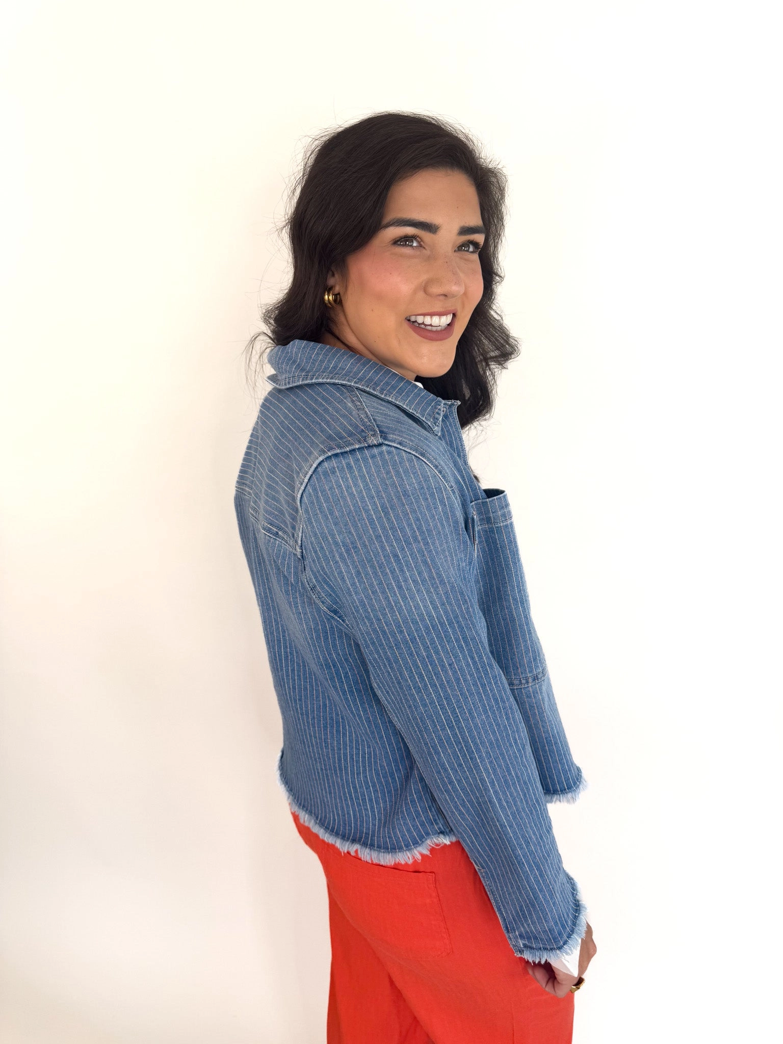 Pin Stripe Denim Cropped Jacket