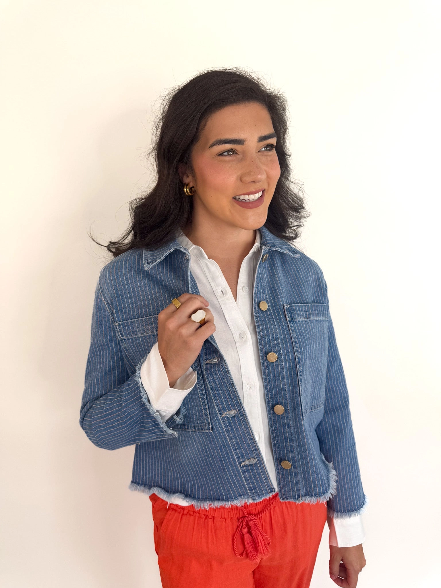Pin Stripe Denim Cropped Jacket