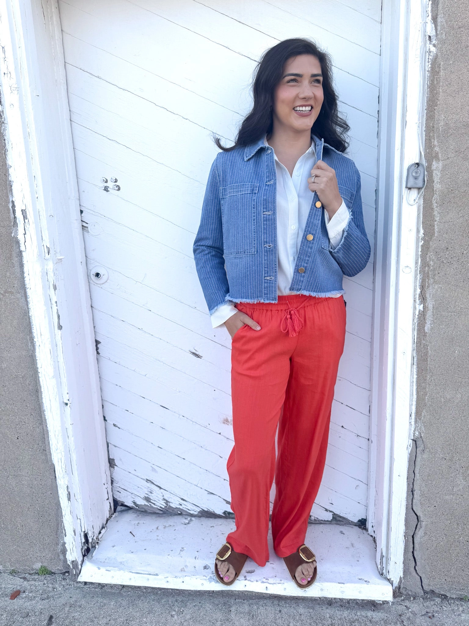 Pin Stripe Denim Cropped Jacket