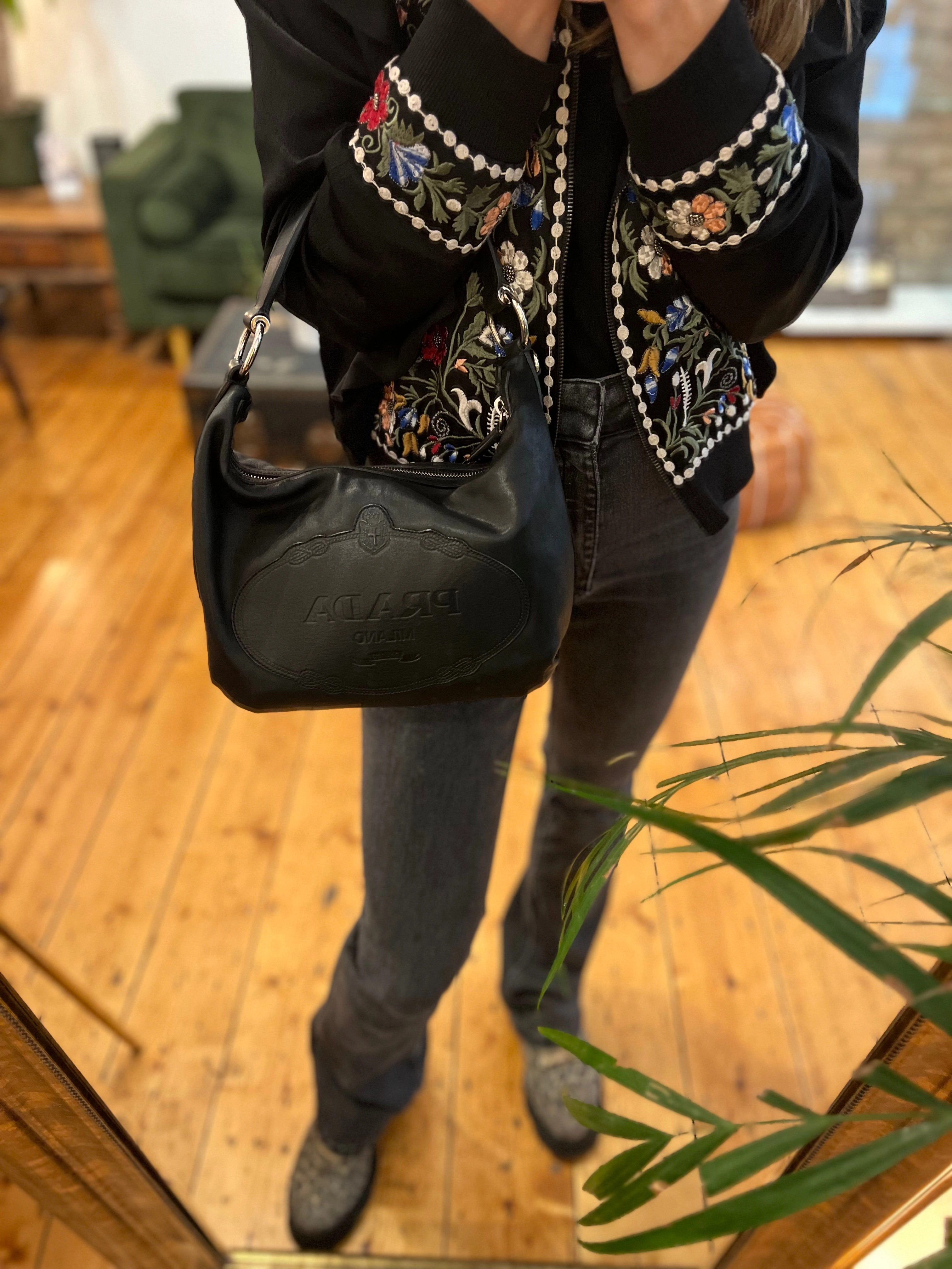 Prada Black Embossed Leather Shoulder Bag