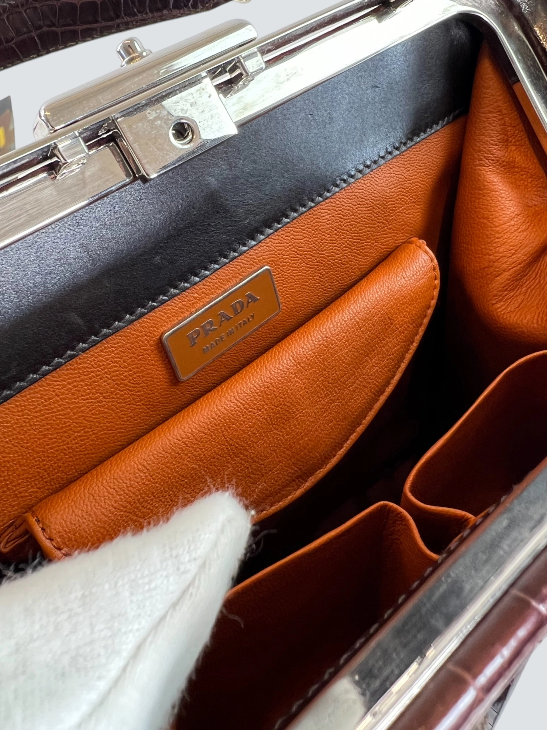 Prada Vintage Brown Croc Effect Leather Frame Handbag