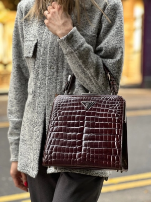 Prada Vintage Brown Croc Effect Leather Frame Handbag