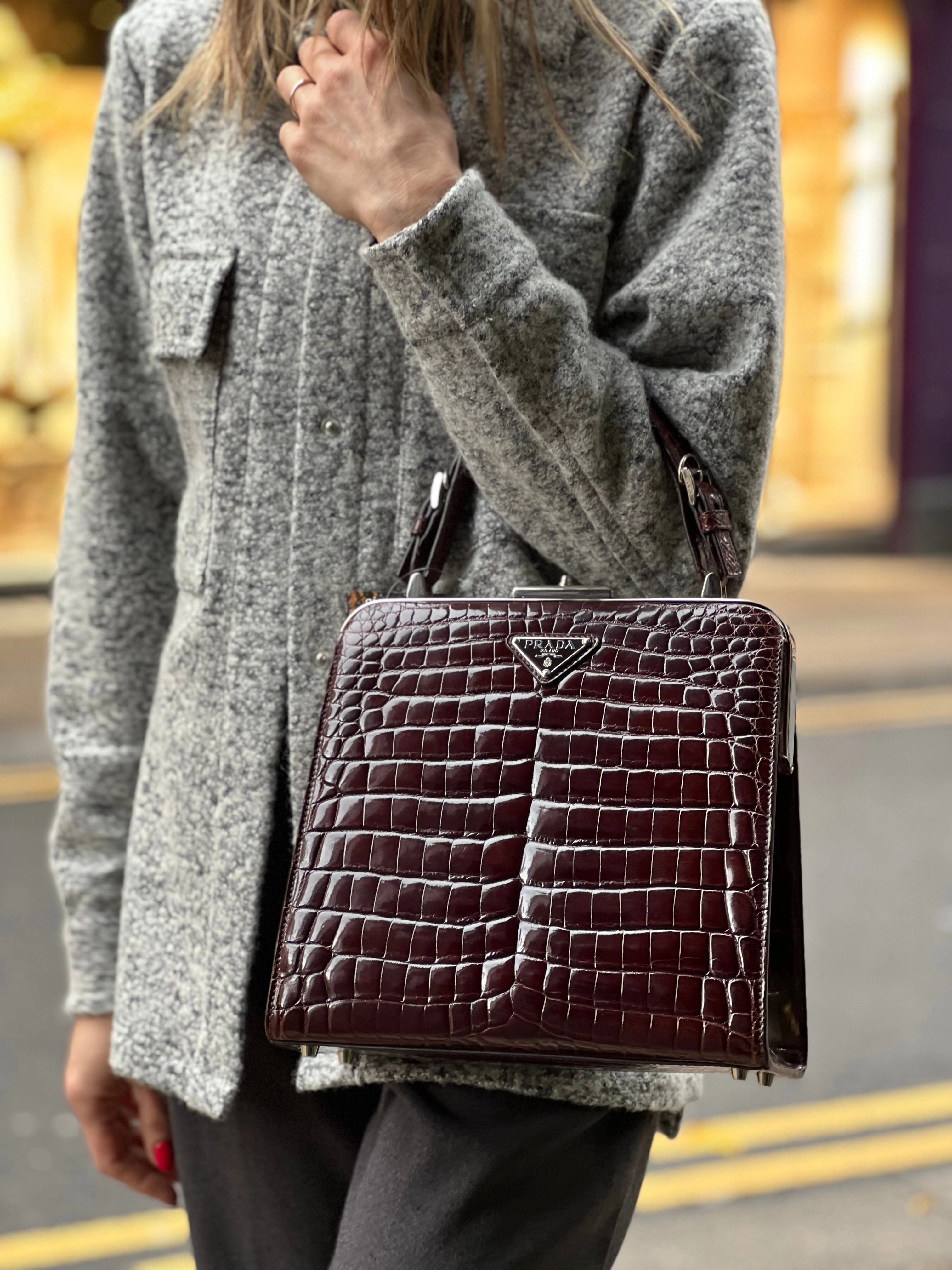 Prada Vintage Brown Croc Effect Leather Frame Handbag