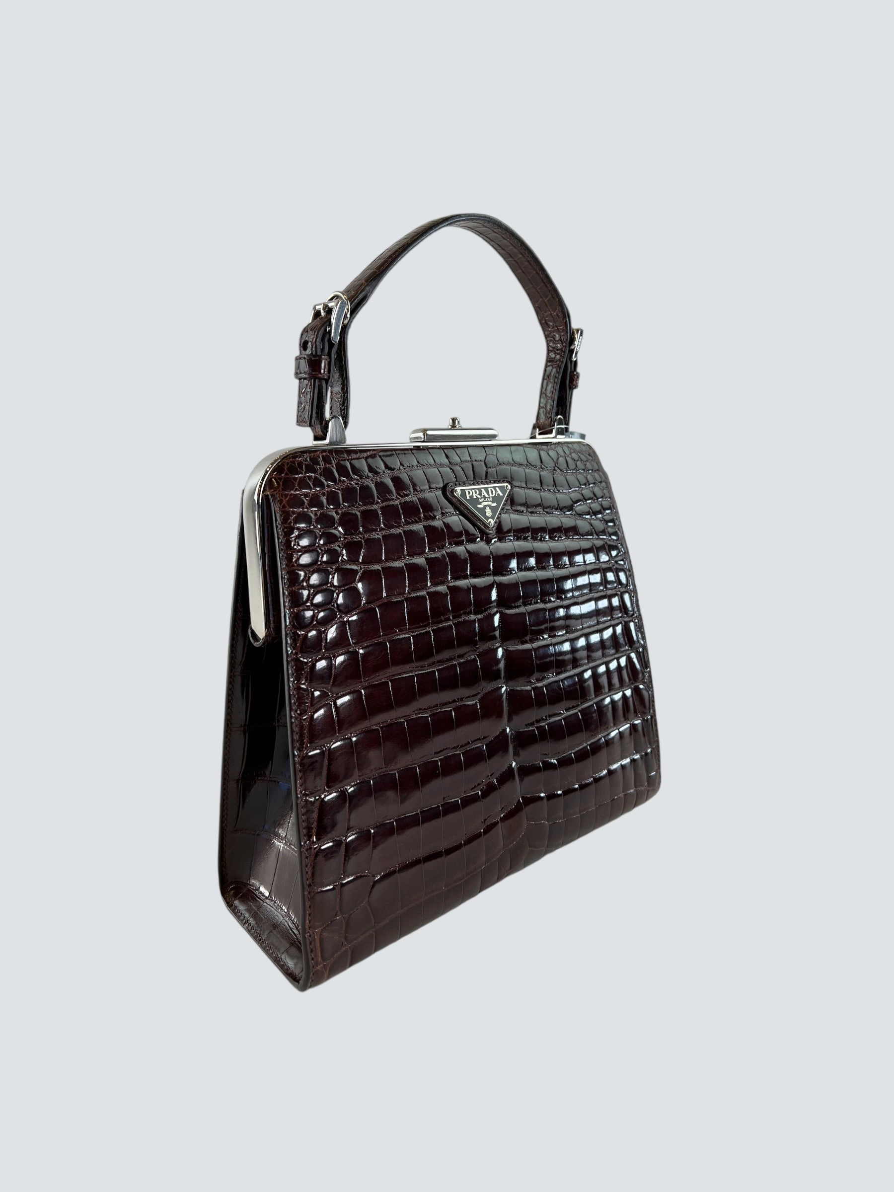 Prada Vintage Brown Croc Effect Leather Frame Handbag