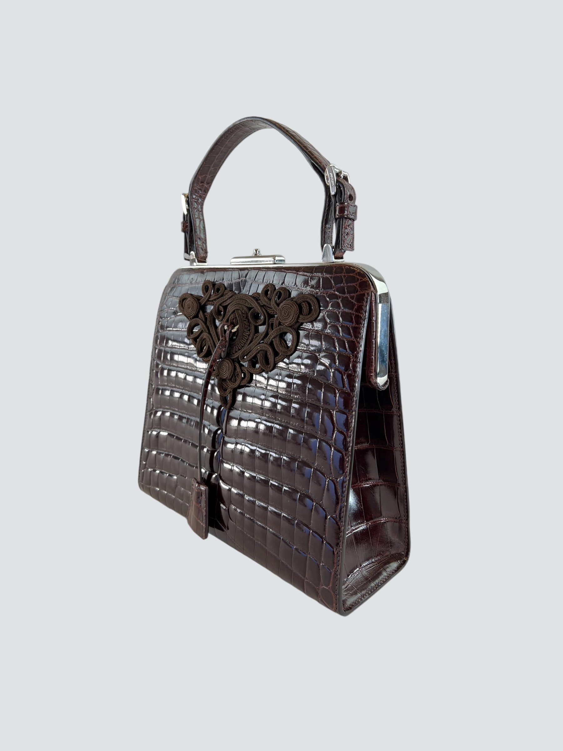 Prada Vintage Brown Croc Effect Leather Frame Handbag