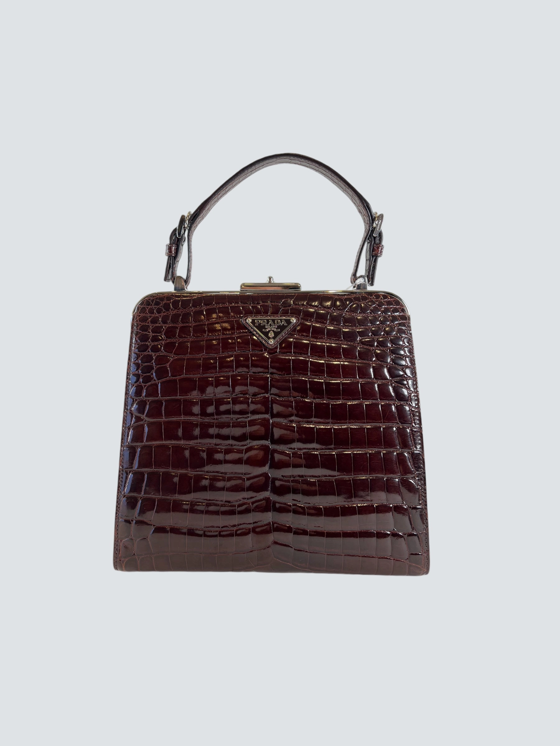 Prada Vintage Brown Croc Effect Leather Frame Handbag