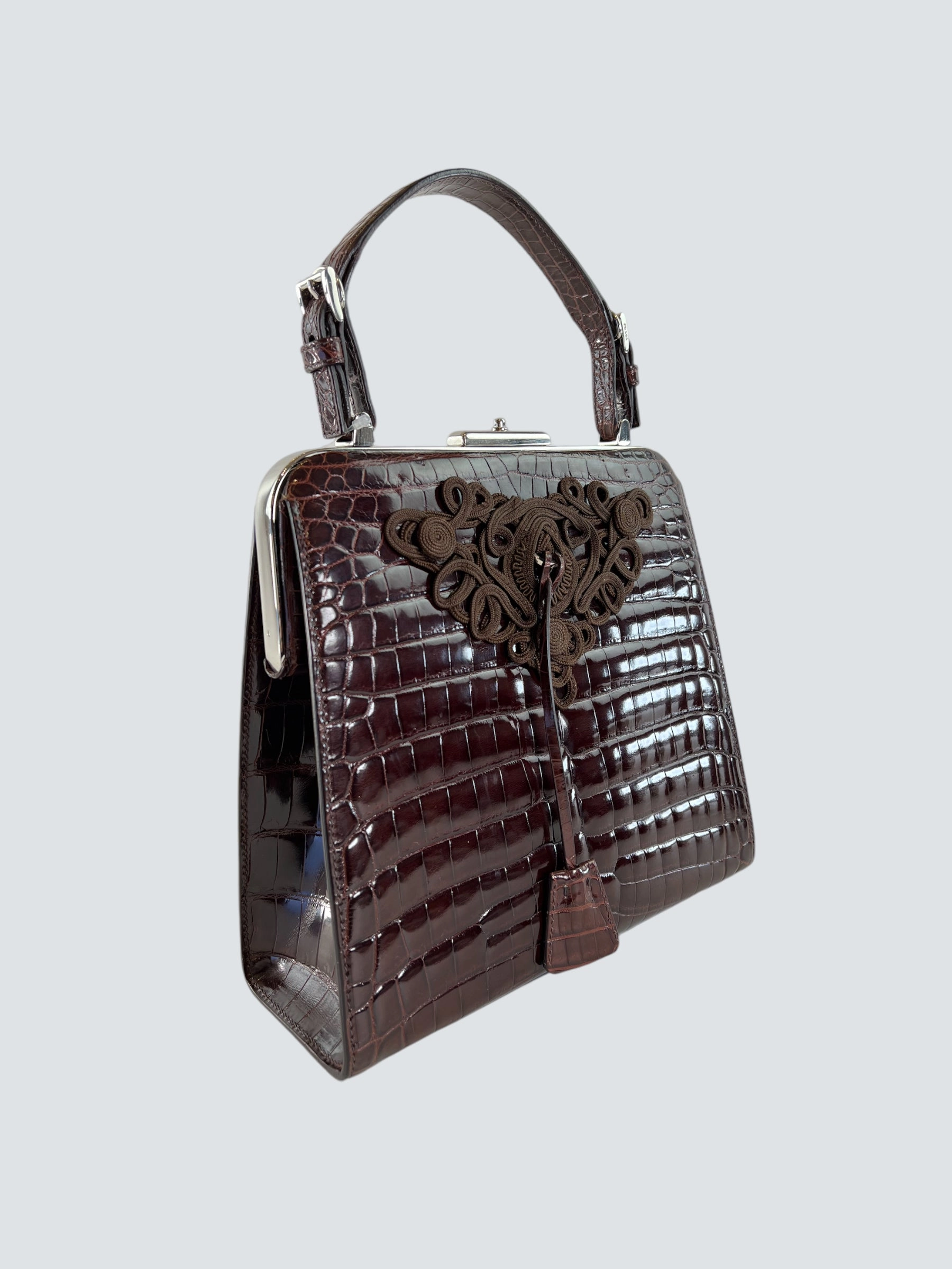 Prada Vintage Brown Croc Effect Leather Frame Handbag