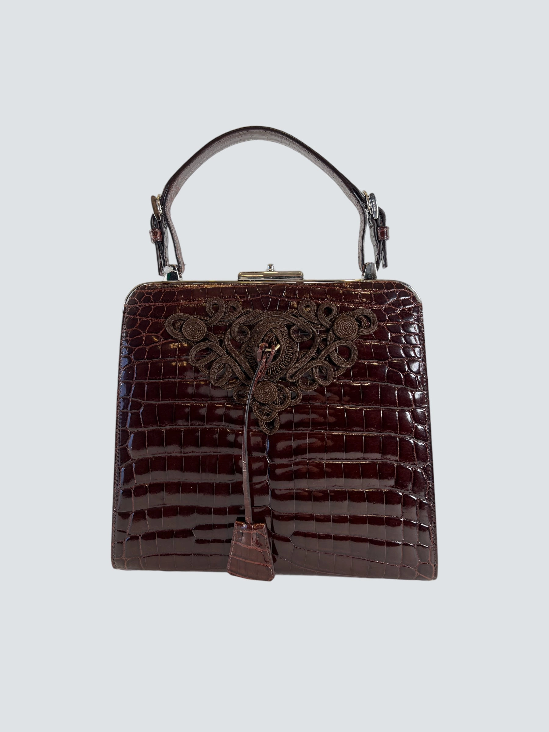 Prada Vintage Brown Croc Effect Leather Frame Handbag