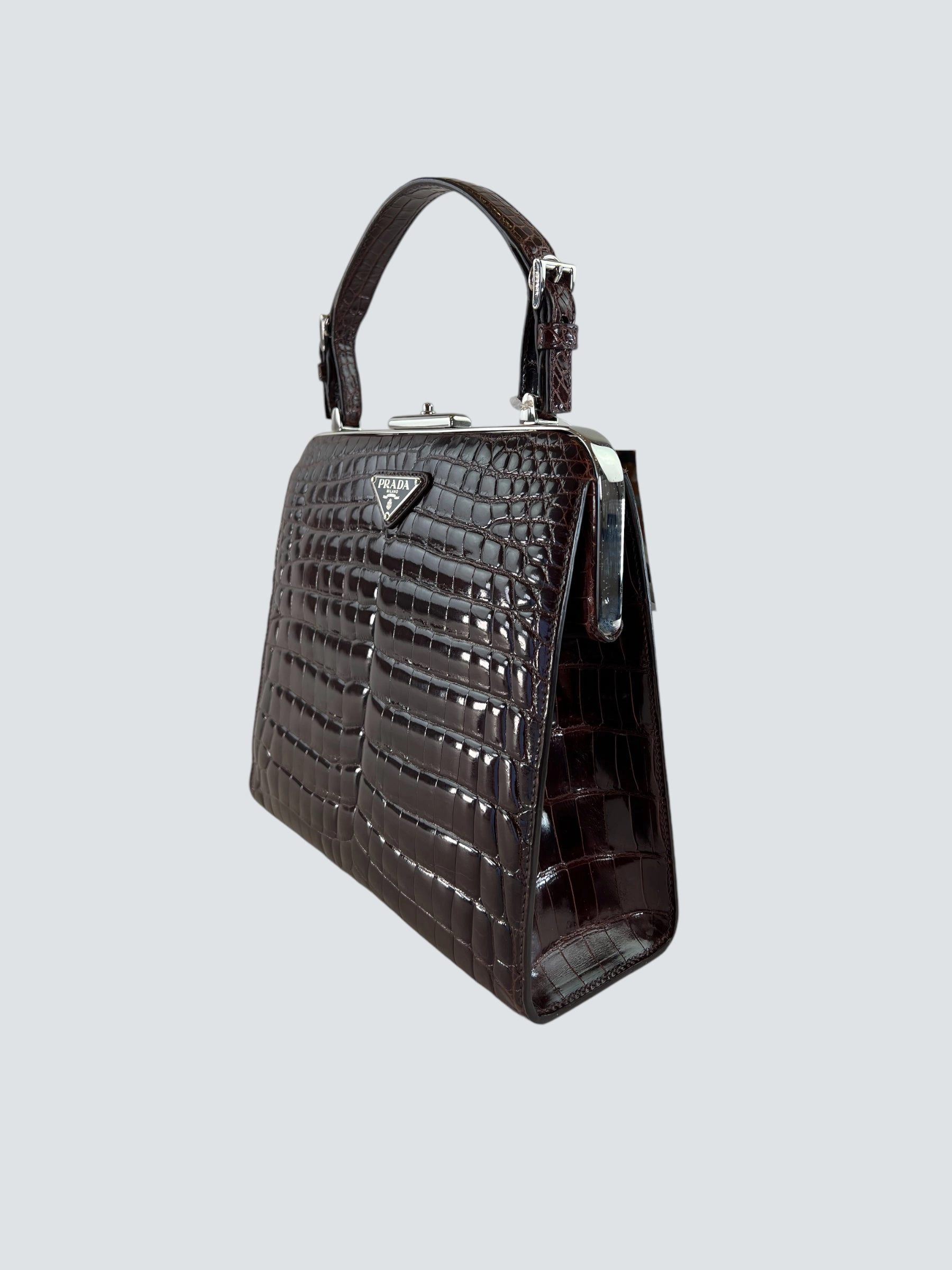 Prada Vintage Brown Croc Effect Leather Frame Handbag