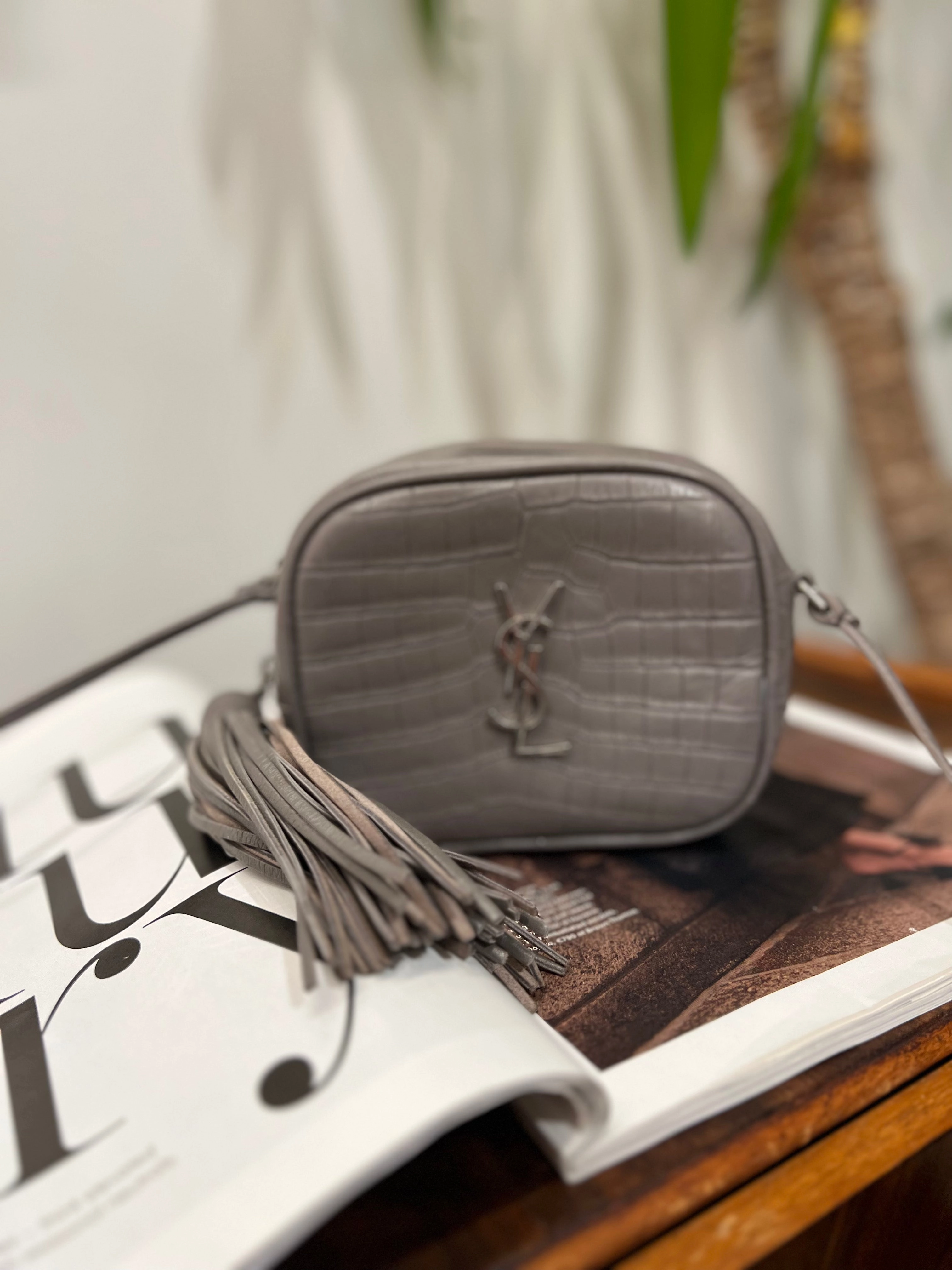 Saint Laurent Grey Croc Effect Leather Mini Crossbody