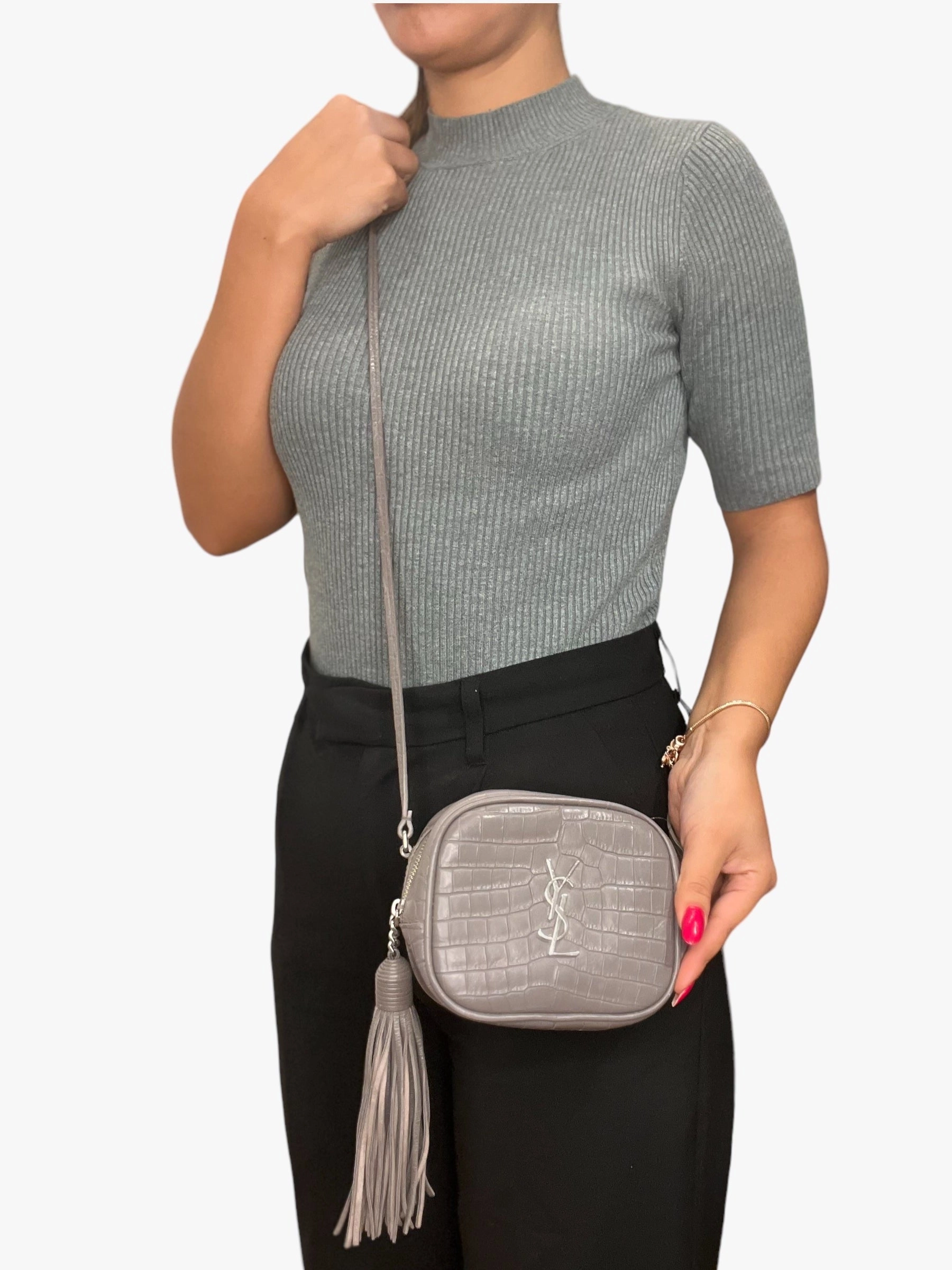 Saint Laurent Grey Croc Effect Leather Mini Crossbody