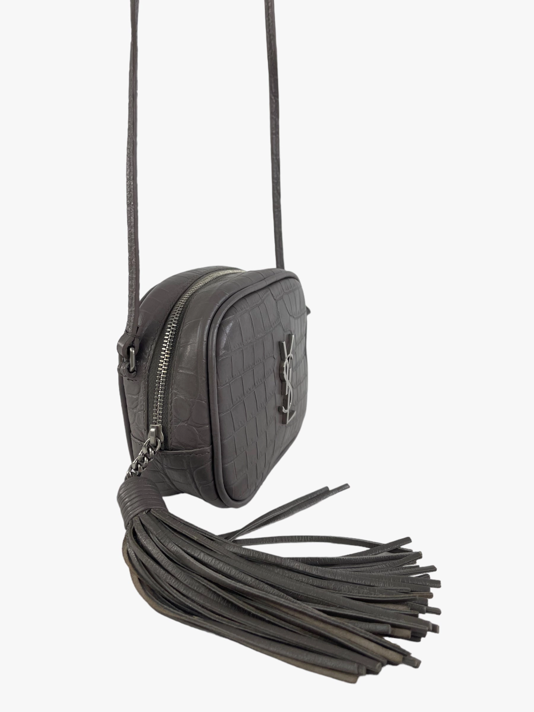 Saint Laurent Grey Croc Effect Leather Mini Crossbody