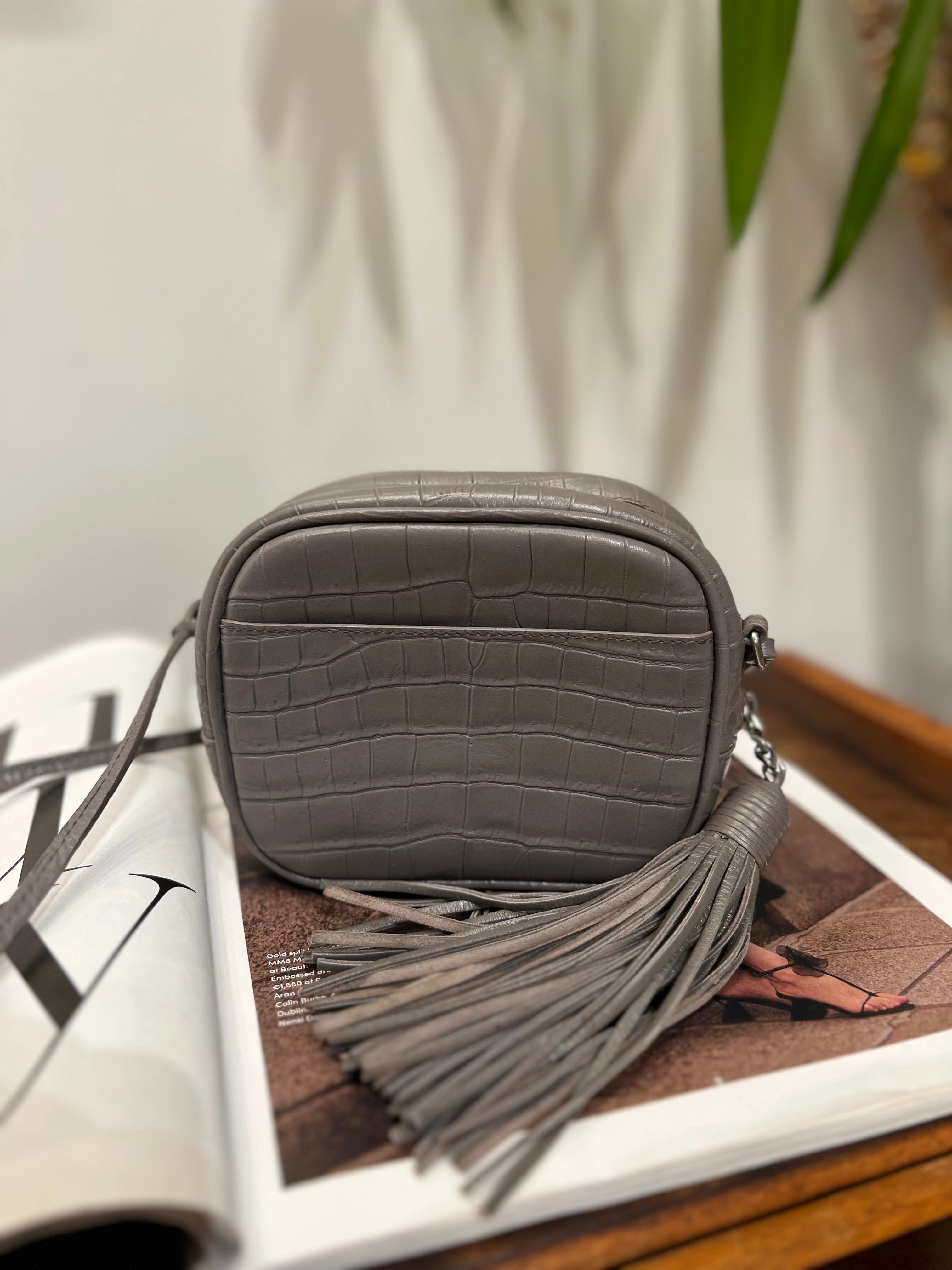 Saint Laurent Grey Croc Effect Leather Mini Crossbody