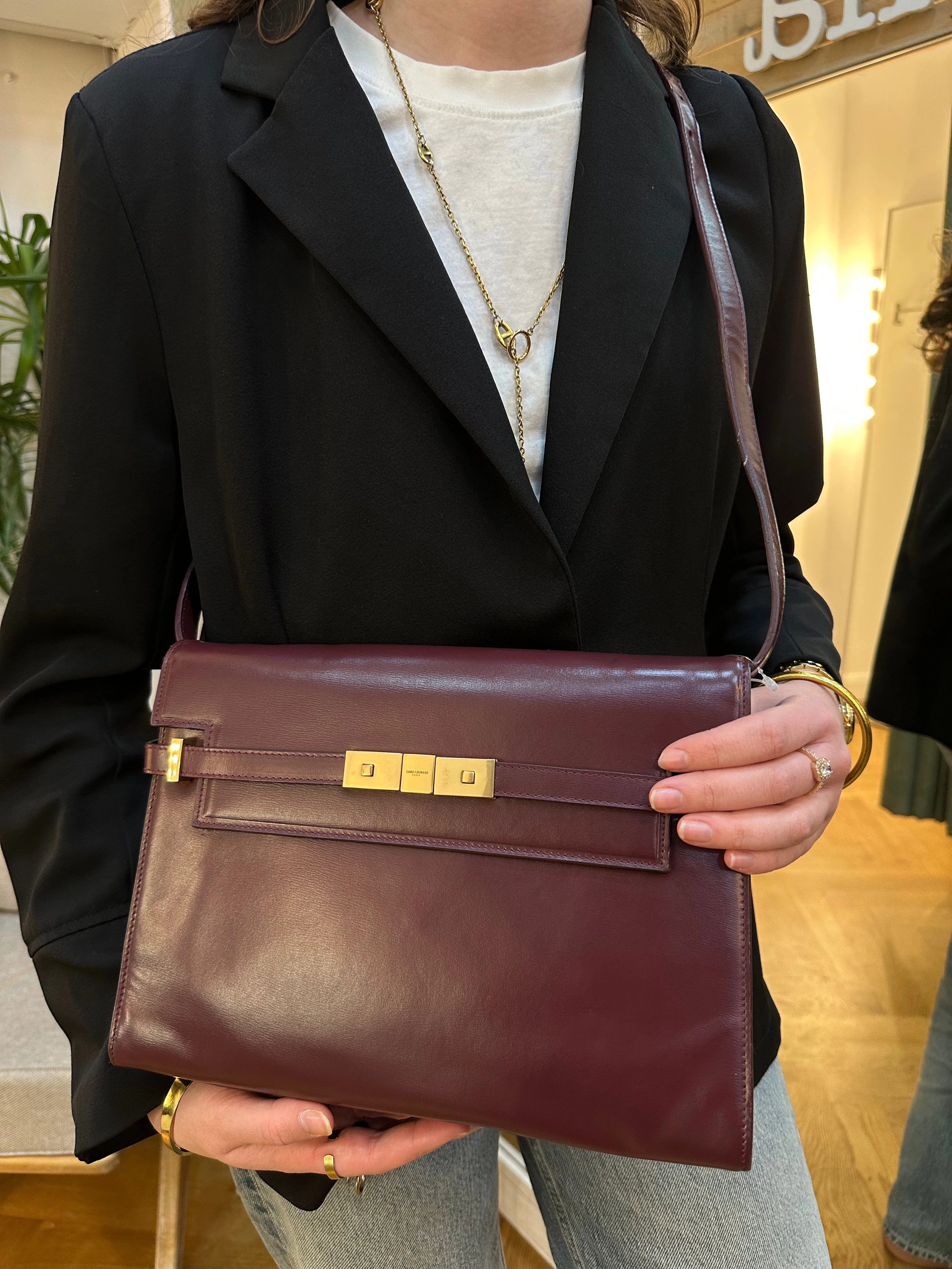 Saint Laurent Small Burgundy Leather Manhattan Box Bag