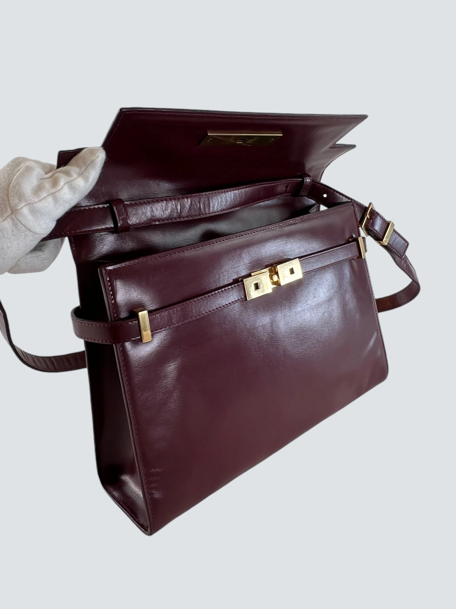 Saint Laurent Small Burgundy Leather Manhattan Box Bag
