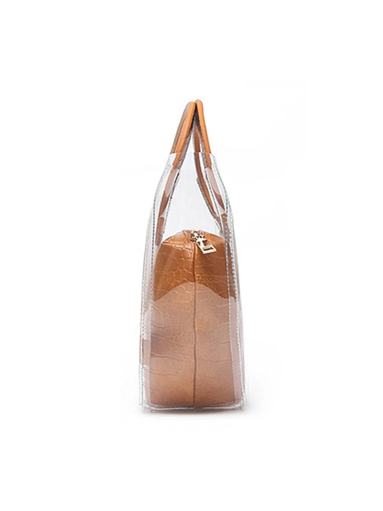 Transparent Handbag 2 Pieces Set with Crocodile Pattern Pocket