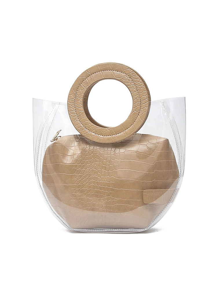 Transparent Handbag 2 Pieces Set with Crocodile Pattern Pocket