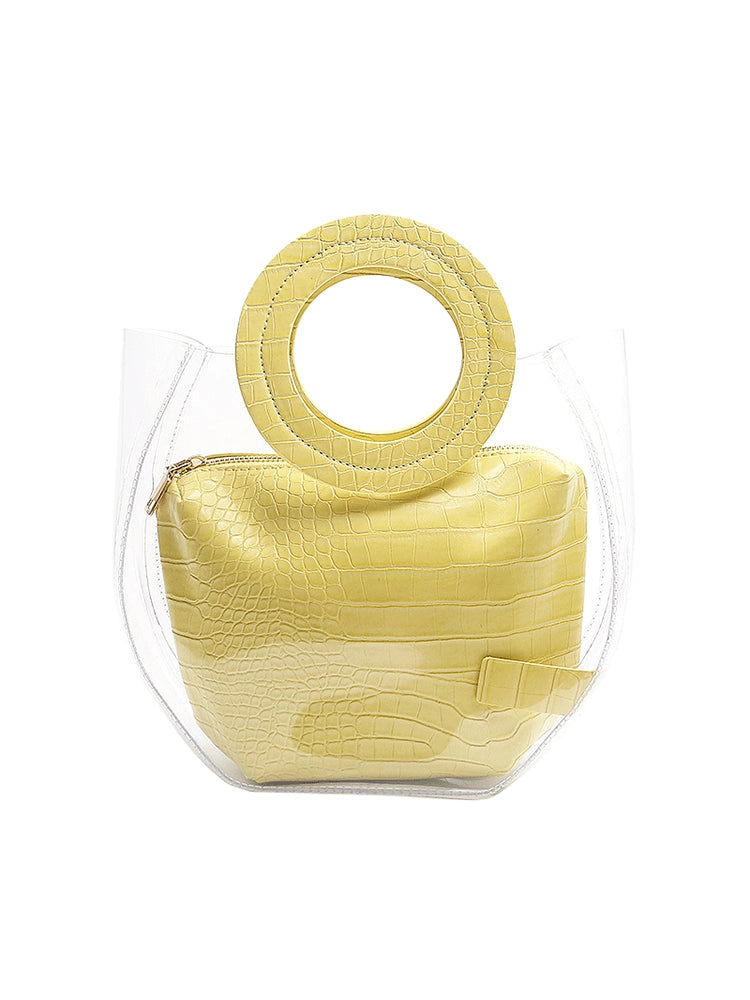 Transparent Handbag 2 Pieces Set with Crocodile Pattern Pocket