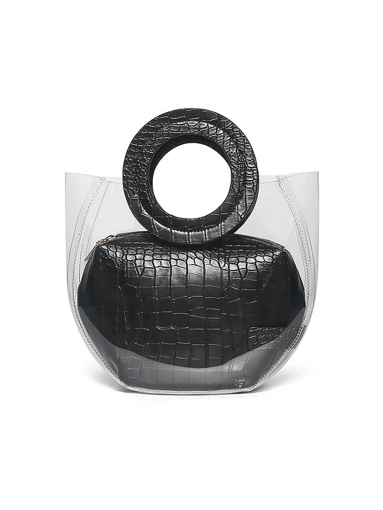 Transparent Handbag 2 Pieces Set with Crocodile Pattern Pocket