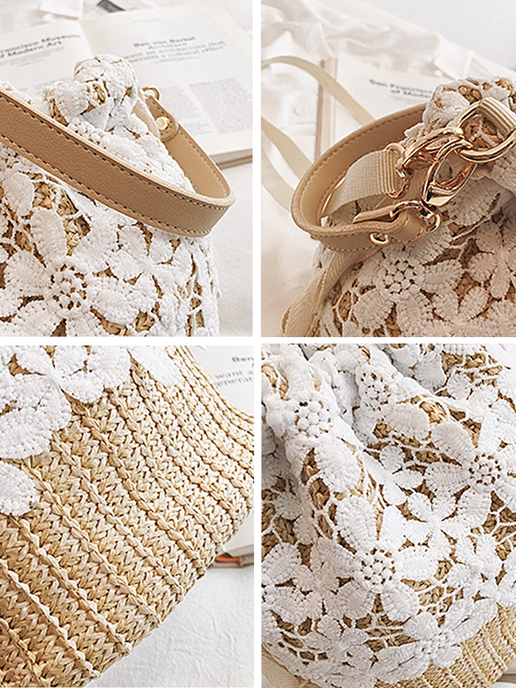 Versatile Lace-Accented Woven Crossbody Bucket Bag