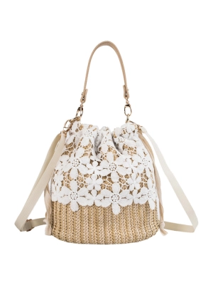 Versatile Lace-Accented Woven Crossbody Bucket Bag