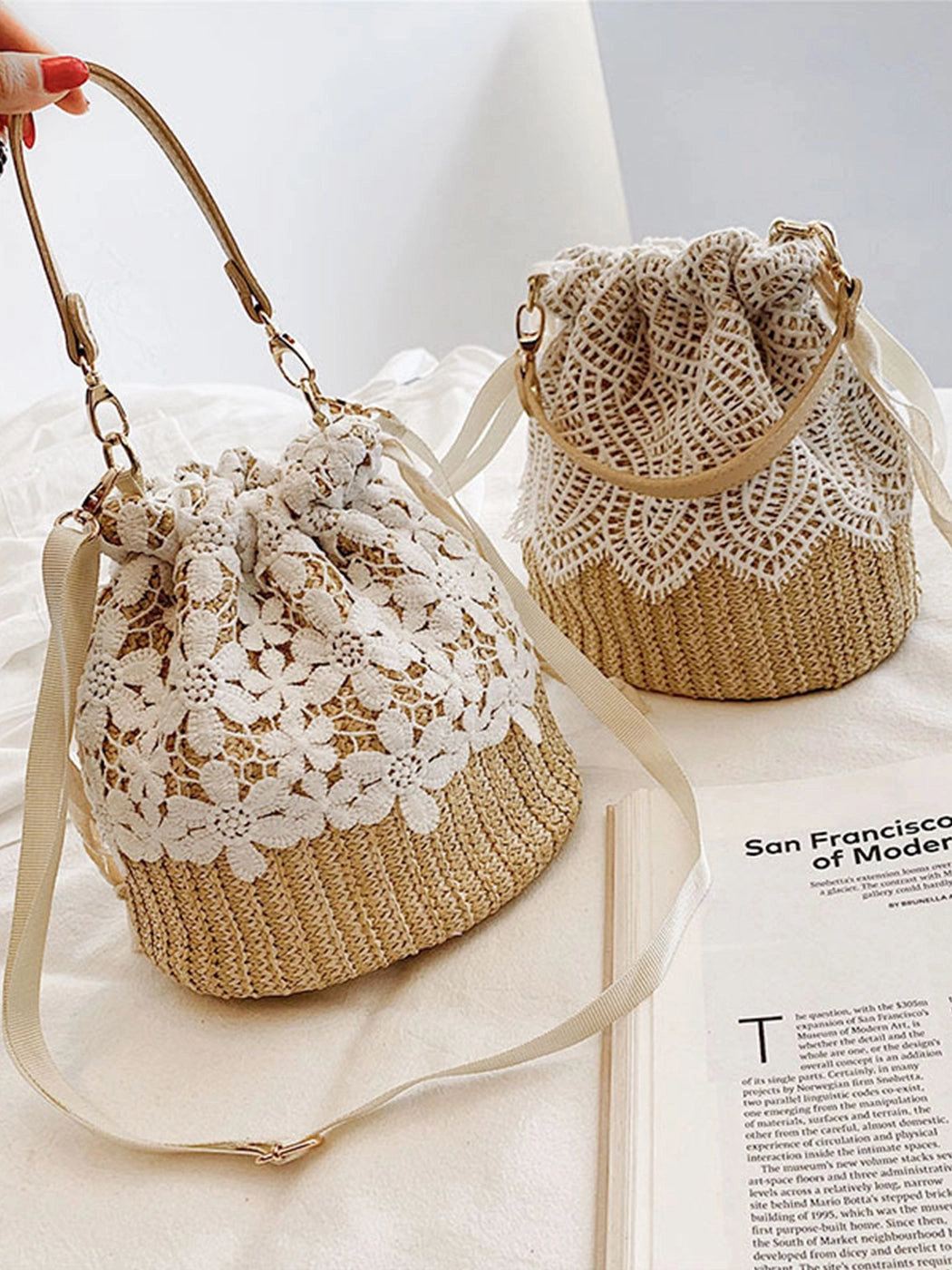 Versatile Lace-Accented Woven Crossbody Bucket Bag