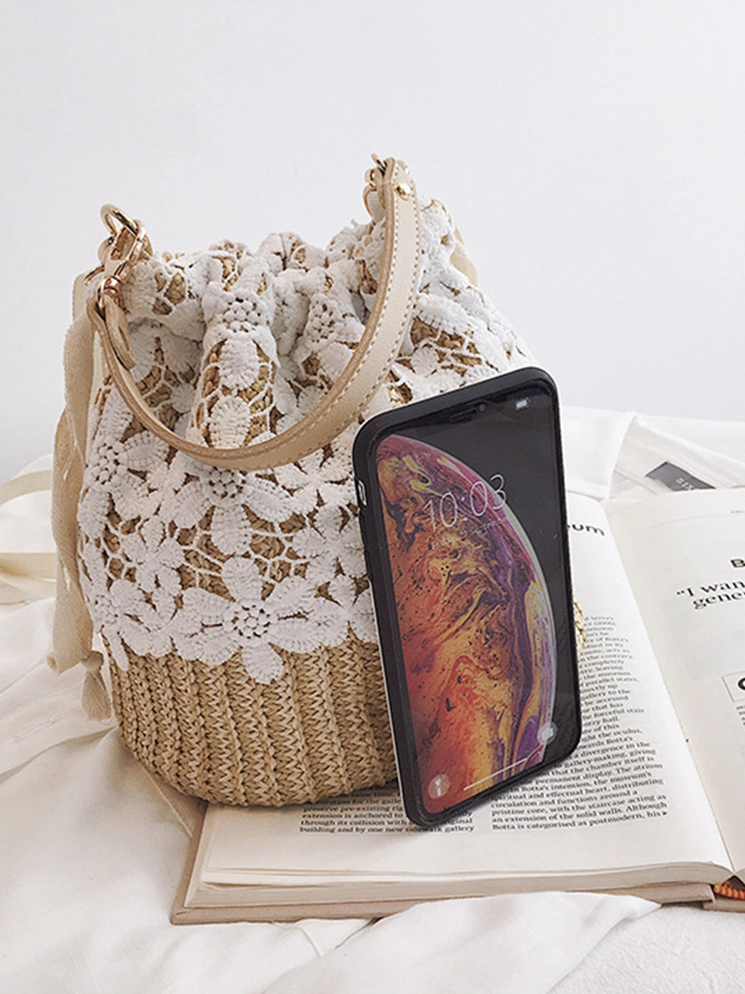 Versatile Lace-Accented Woven Crossbody Bucket Bag