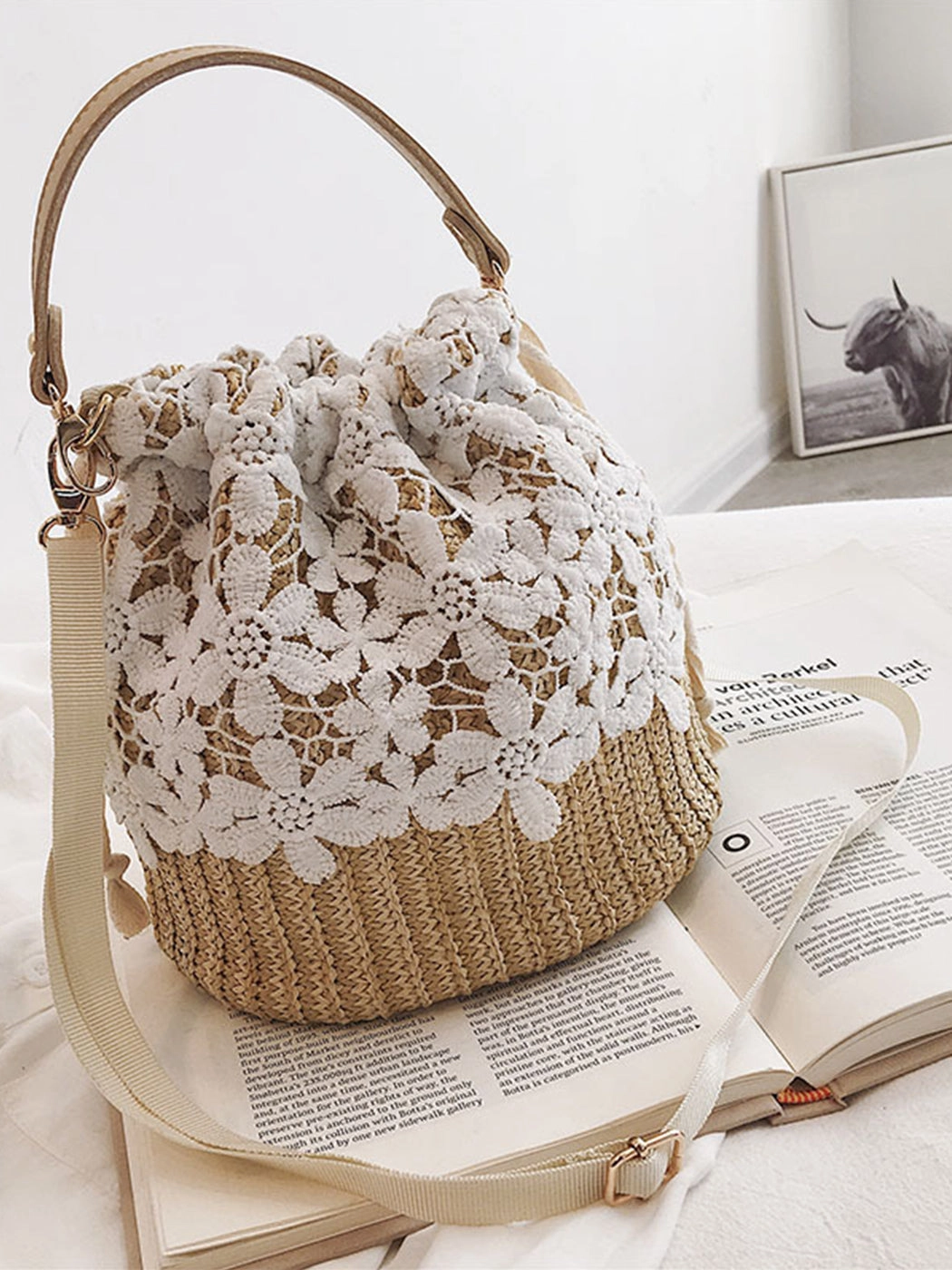 Versatile Lace-Accented Woven Crossbody Bucket Bag