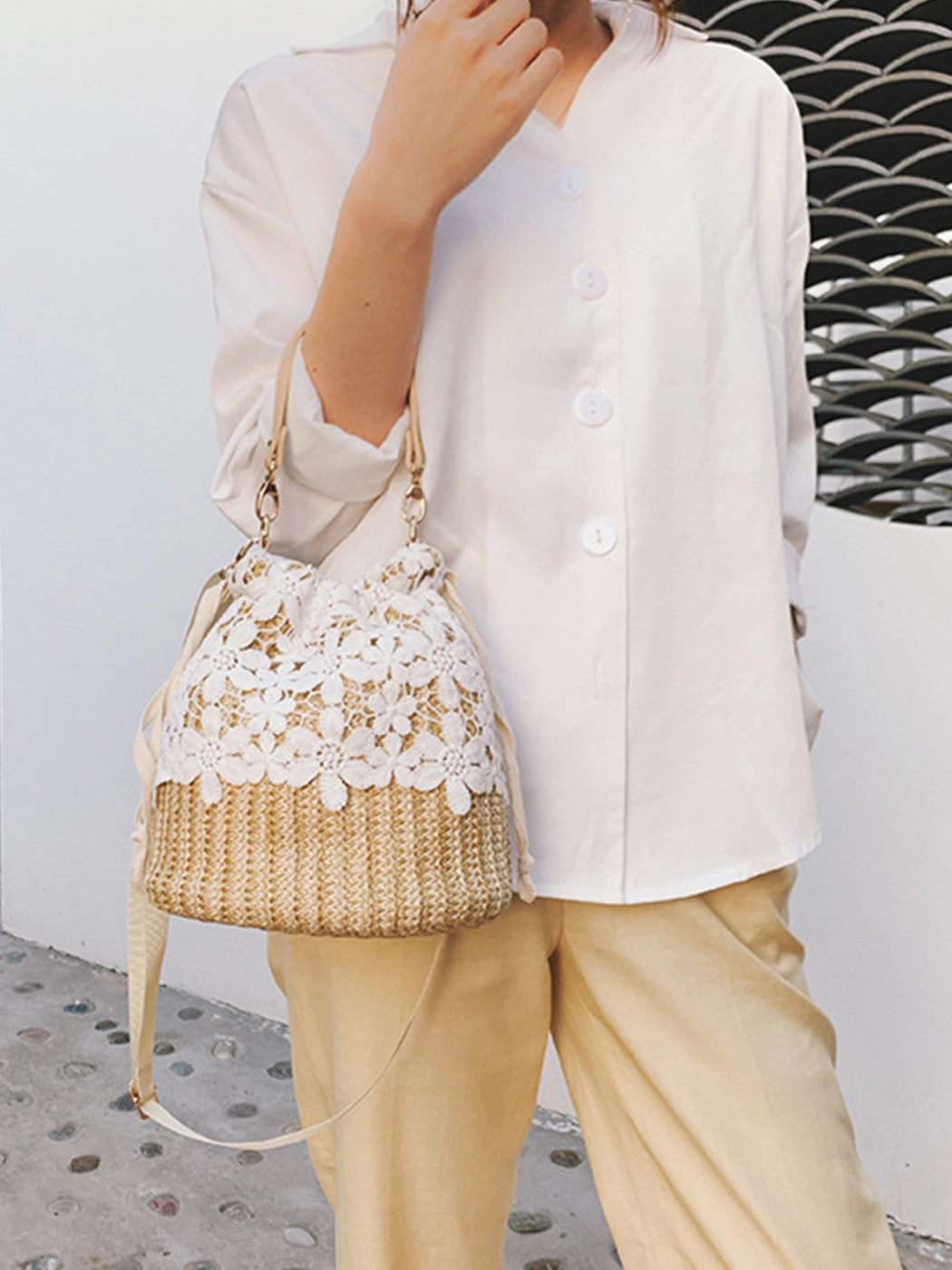 Versatile Lace-Accented Woven Crossbody Bucket Bag