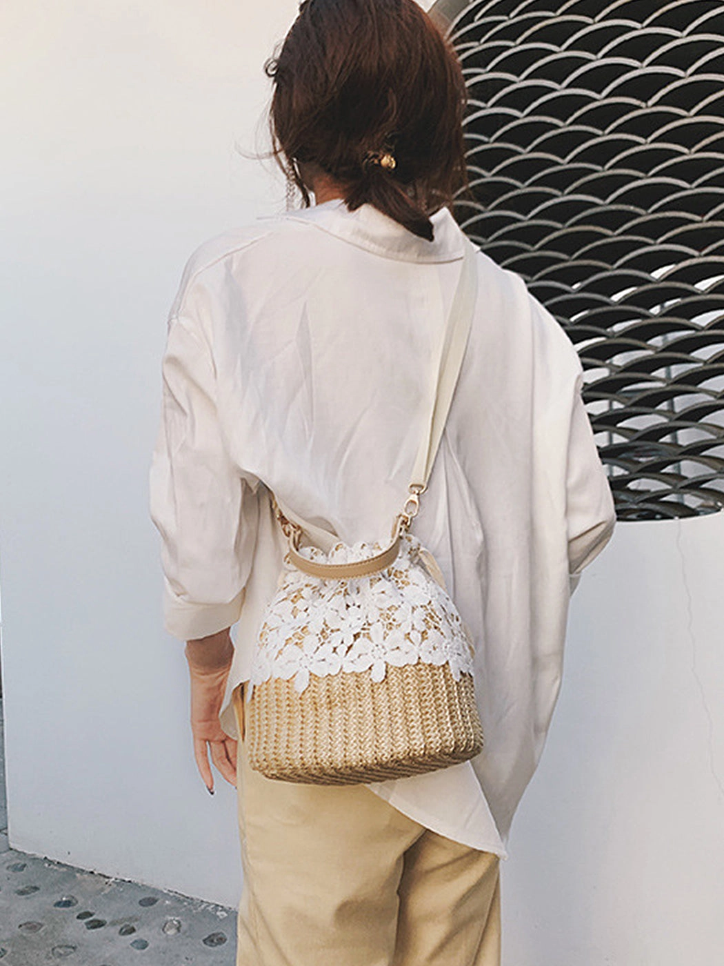 Versatile Lace-Accented Woven Crossbody Bucket Bag